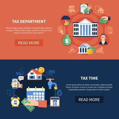 Set of horizontal banners with tax department, income and property, duty payment time isolated vector illustration