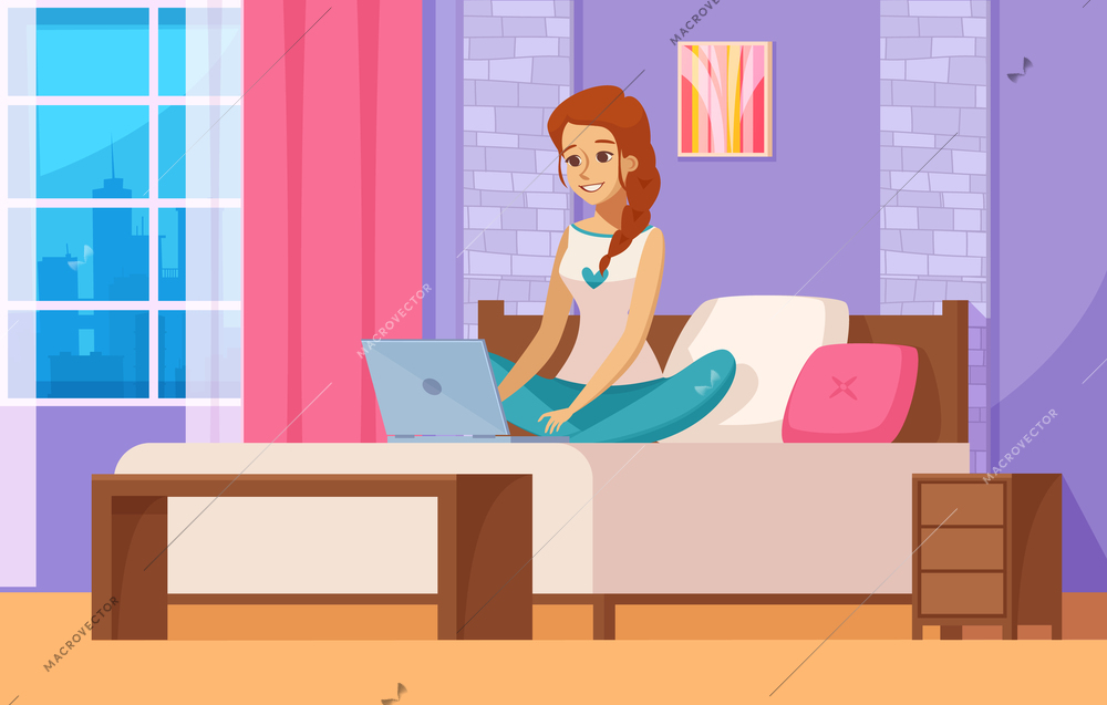 Freelance designer composition with laptop bed and room flat vector illustration