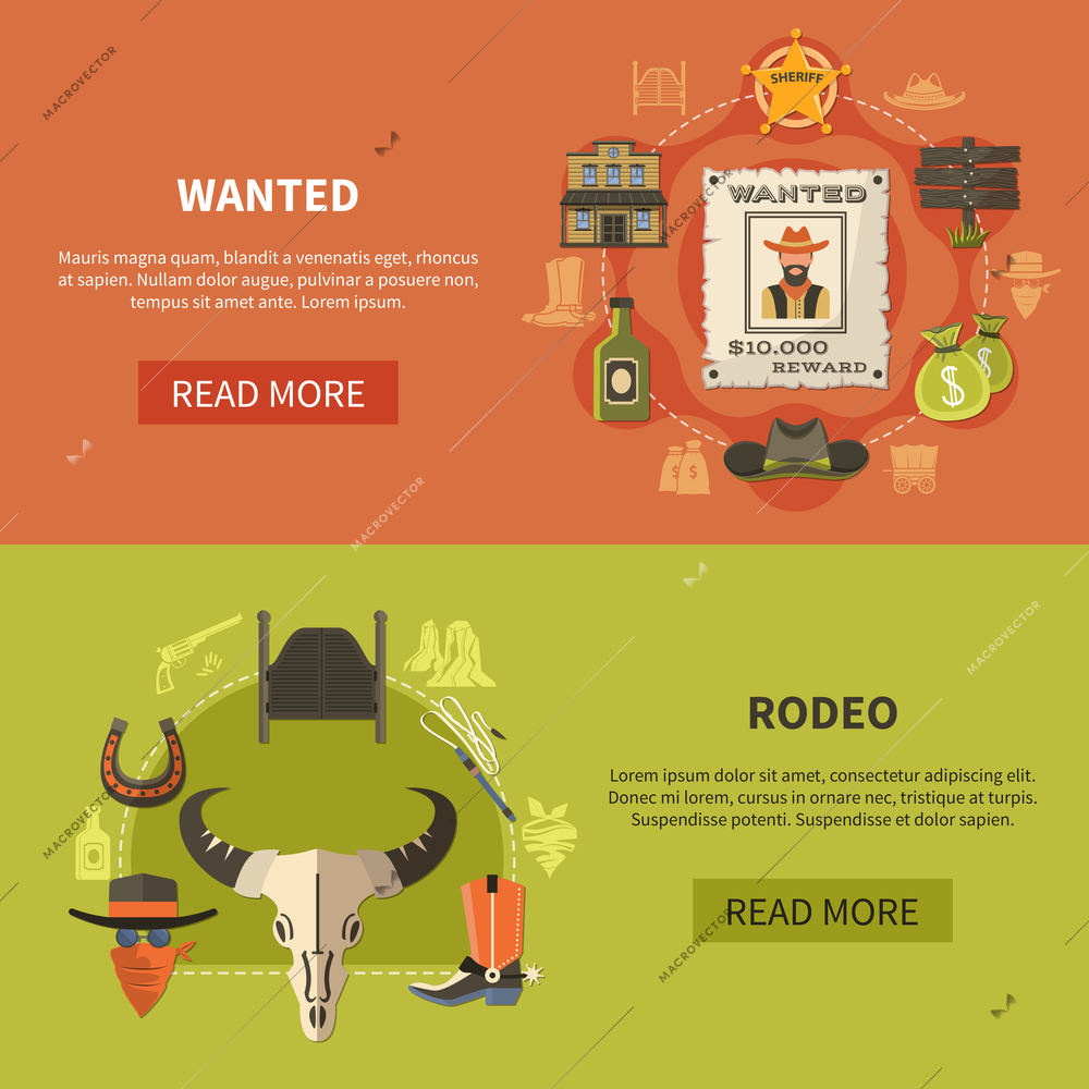 Set of flat horizontal banners with wanted bandit poster, sheriffs attributes and rodeo elements isolated vector illustration