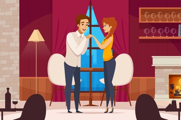 Date and handshake indoor composition with man and woman flat vector illustration
