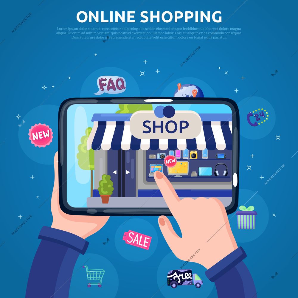 Online shopping poster with people hands selecting goods on tablet screen flat vector illustration