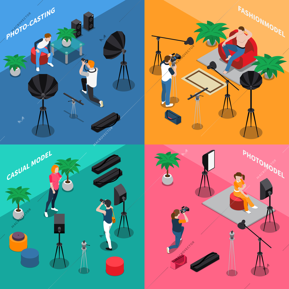 Photo model agency isometric concept with people posing for camera, photographers on color background isolated vector illustration