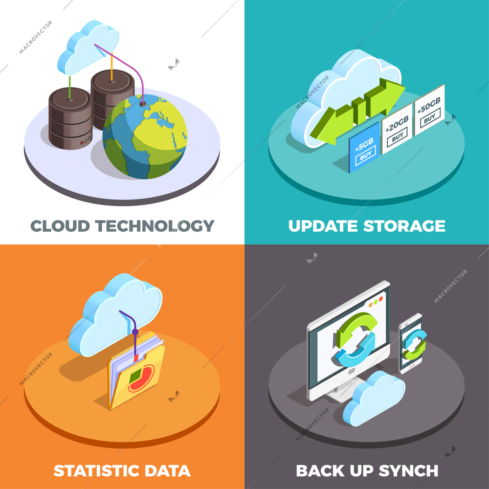 Cloud computing service concept 4 isometric icons square with storage update and data statistics isolated vector illustration