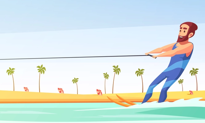 Happy man doing water skiing along sandy beach cartoon vector illustration