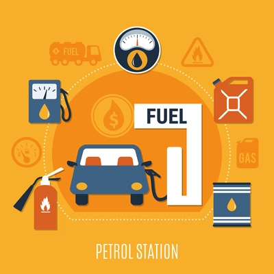 Colored flat fuel pump composition in orange colors and car is refueling vector illustration