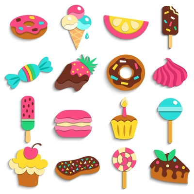 Sweets trendy children party treats flat colorful icons collection with donuts ice cream candies isolated icons illustration