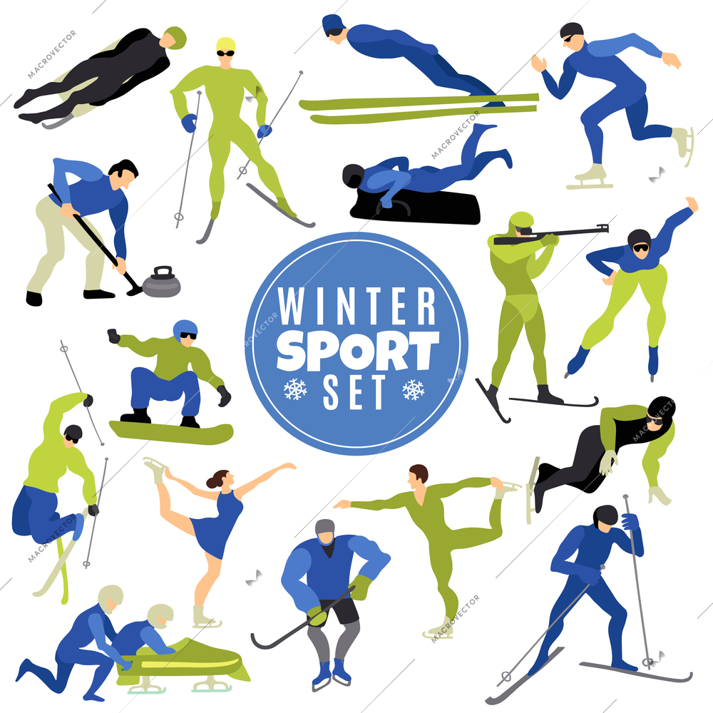 Winter sports set with athletes involved in hockey biathlon curling bobsled freestyle flat isolated vector illustration