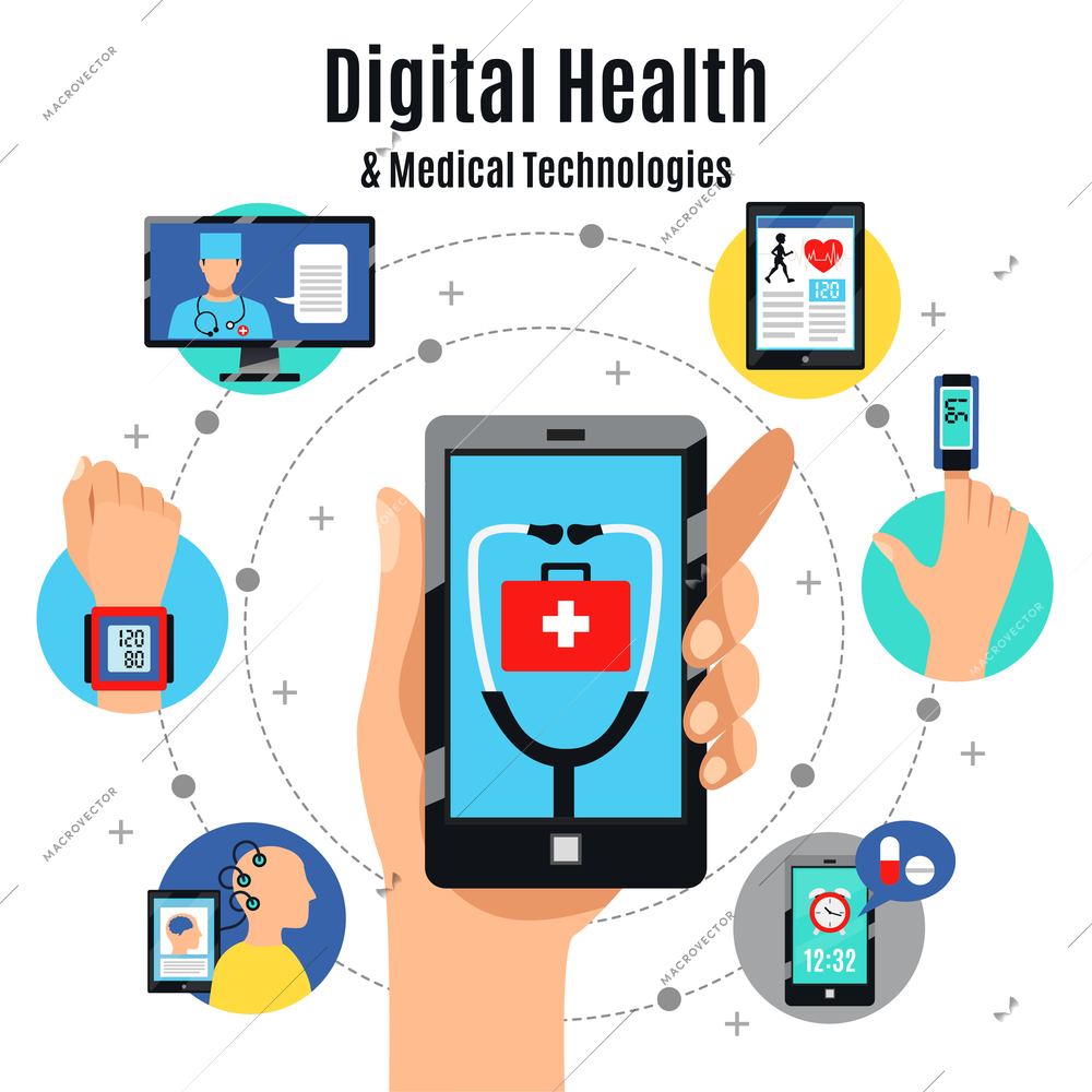 Digital healthcare solutions with electronic devices flat composition poster with mobile touchscreen phone medical apps vector illustration