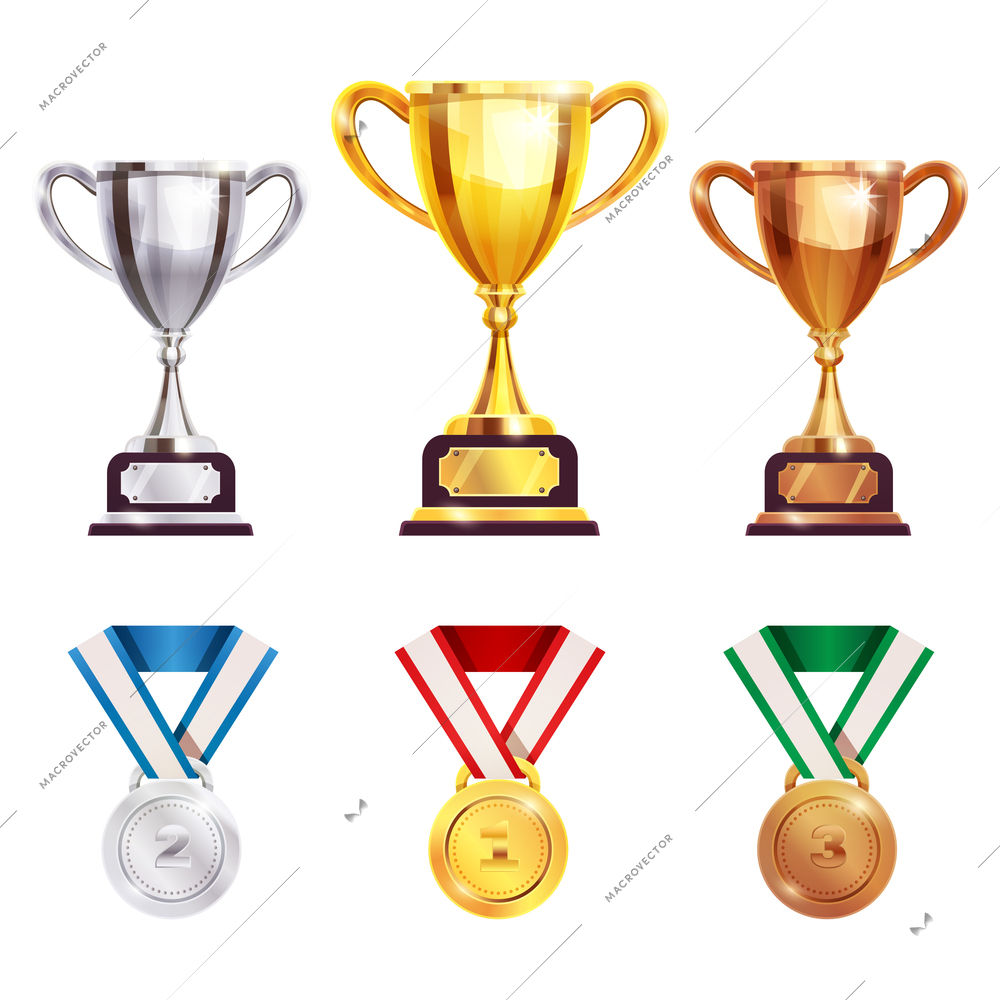 Championships competitions world cup sport tournaments and olympic games winners awards trophy medal sets realistic isolated vector illustration