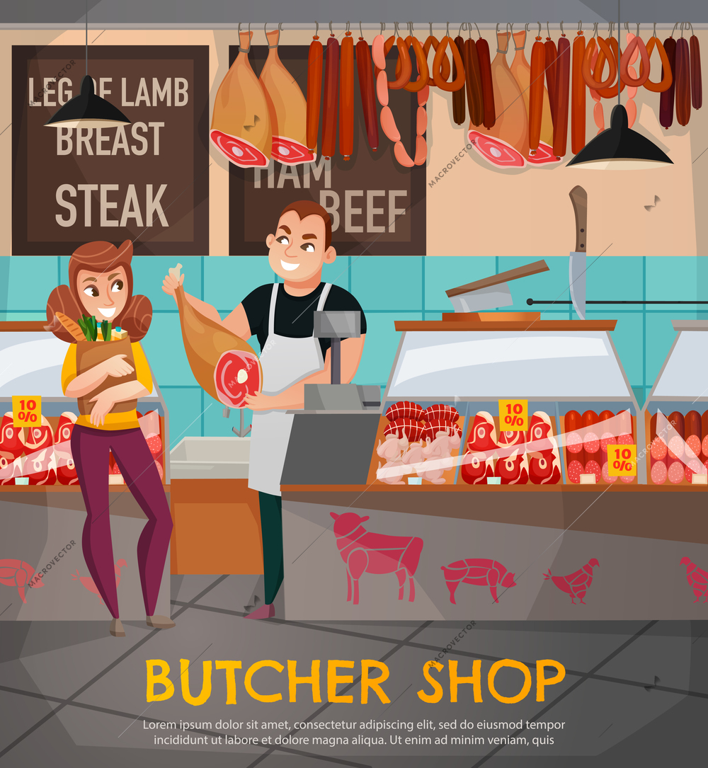 Butcher shop with steak ham and beef symbols flat vector illustration