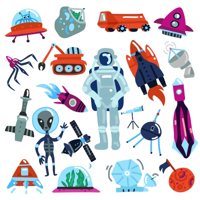 Flat colorful space icons set with spaceships aliens and astronaut isolated on white background vector illustration