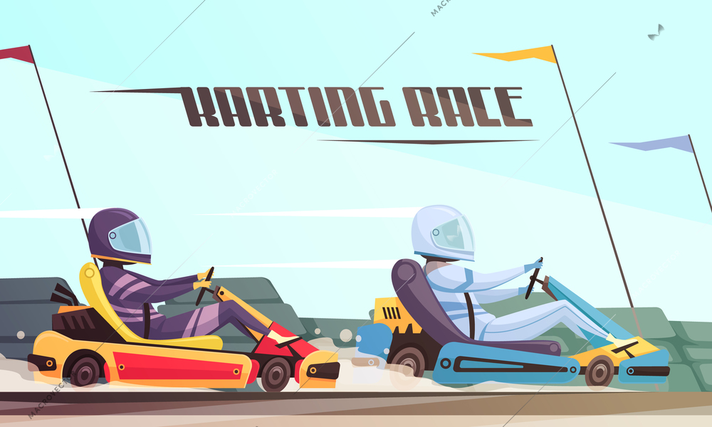 Two drivers taking part in kart racing cartoon vector illustration