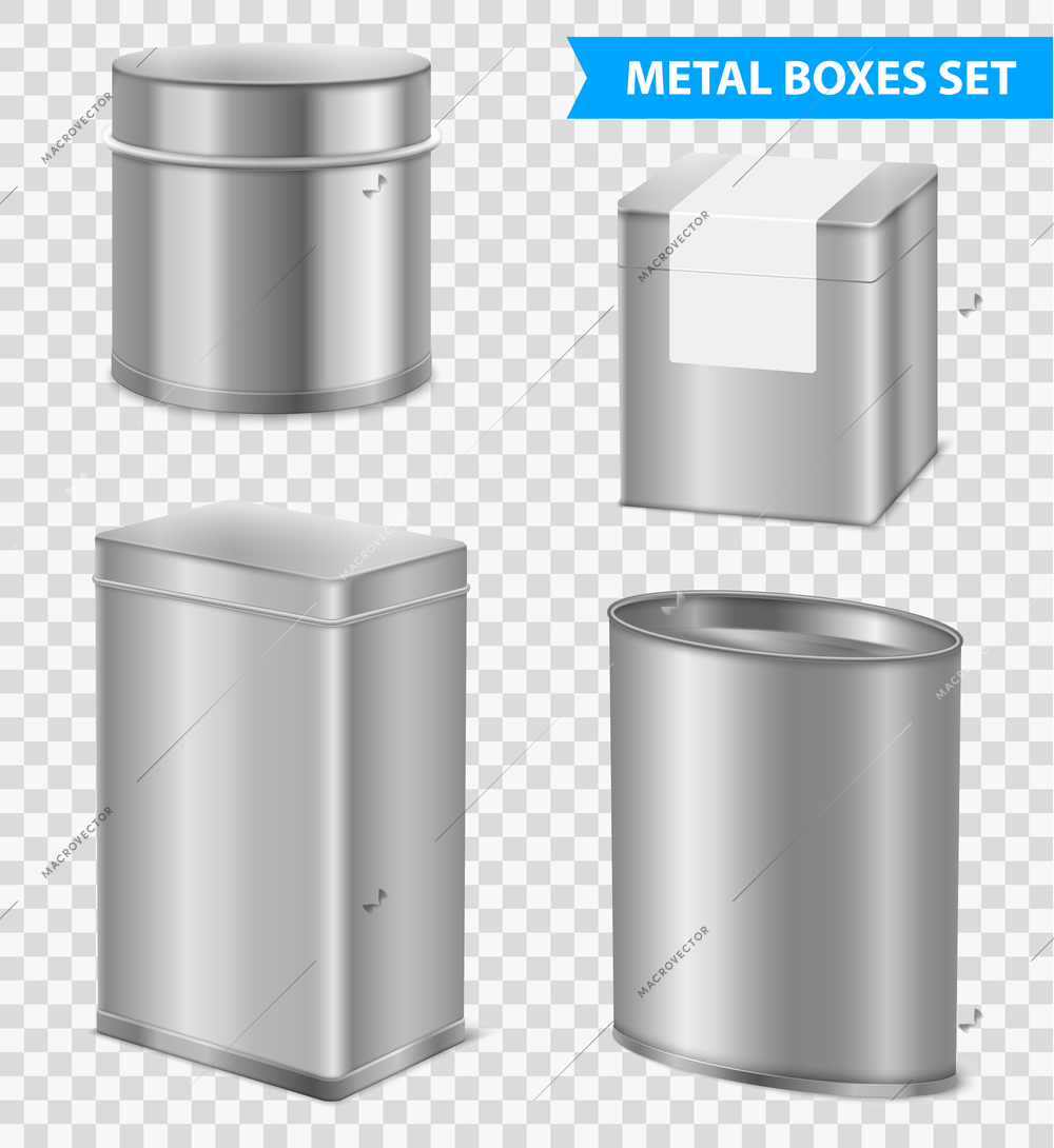 Tea packaging tins and metal boxes variously shaped 4 realistic images set on transparent background vector illustration