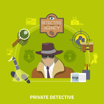 Detective flat colored concept with private detective description and his investigation agency vector illustration