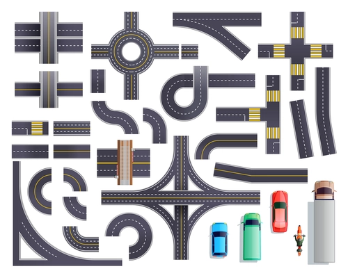 Set of road parts with roadside and marking including intersections, junctions, crosswalks, bridges, vehicles isolated vector illustration