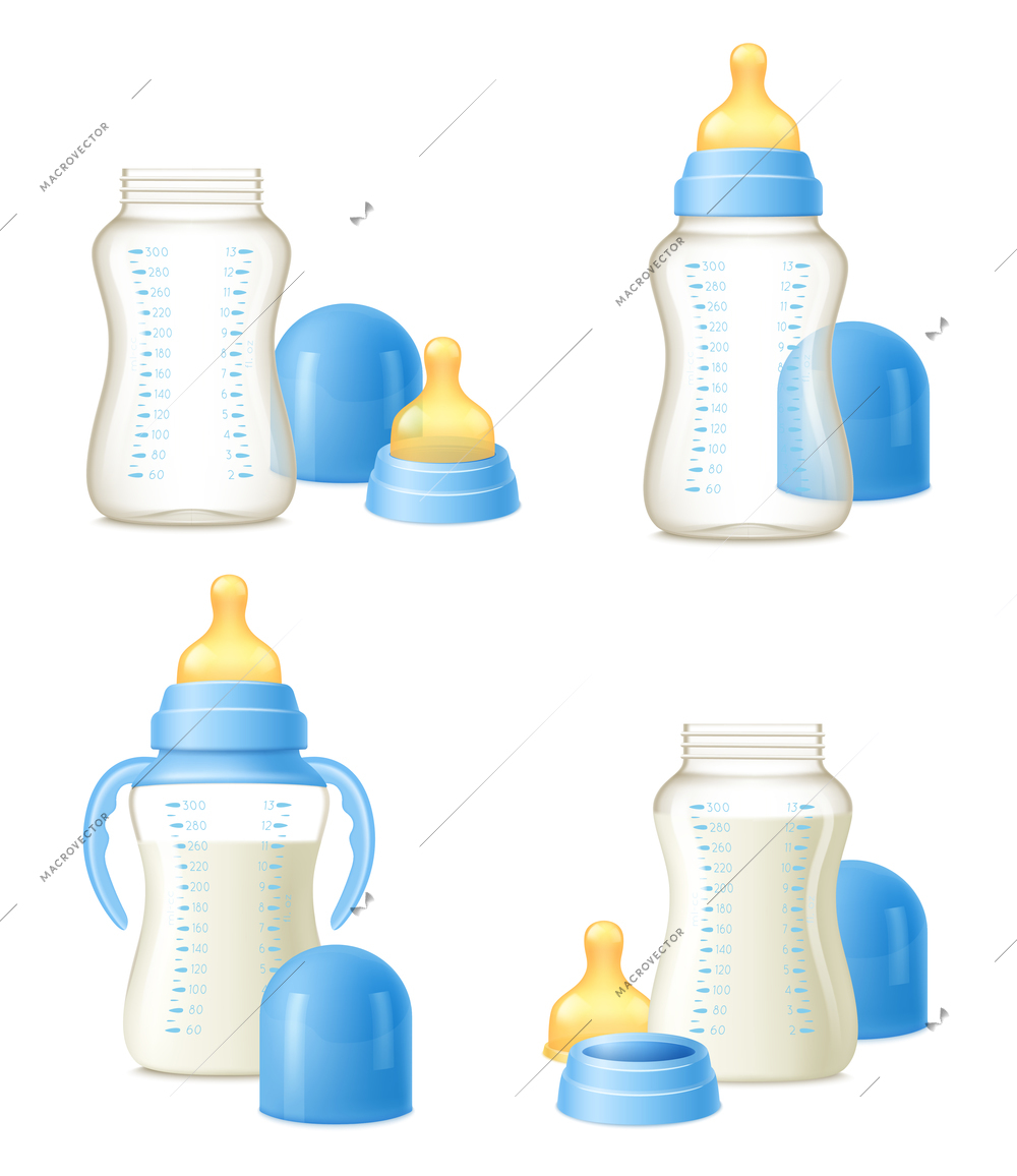 Durable baby milk bottles constructor 4 realistic compositions set with easy to hold grips isolated vector illustration