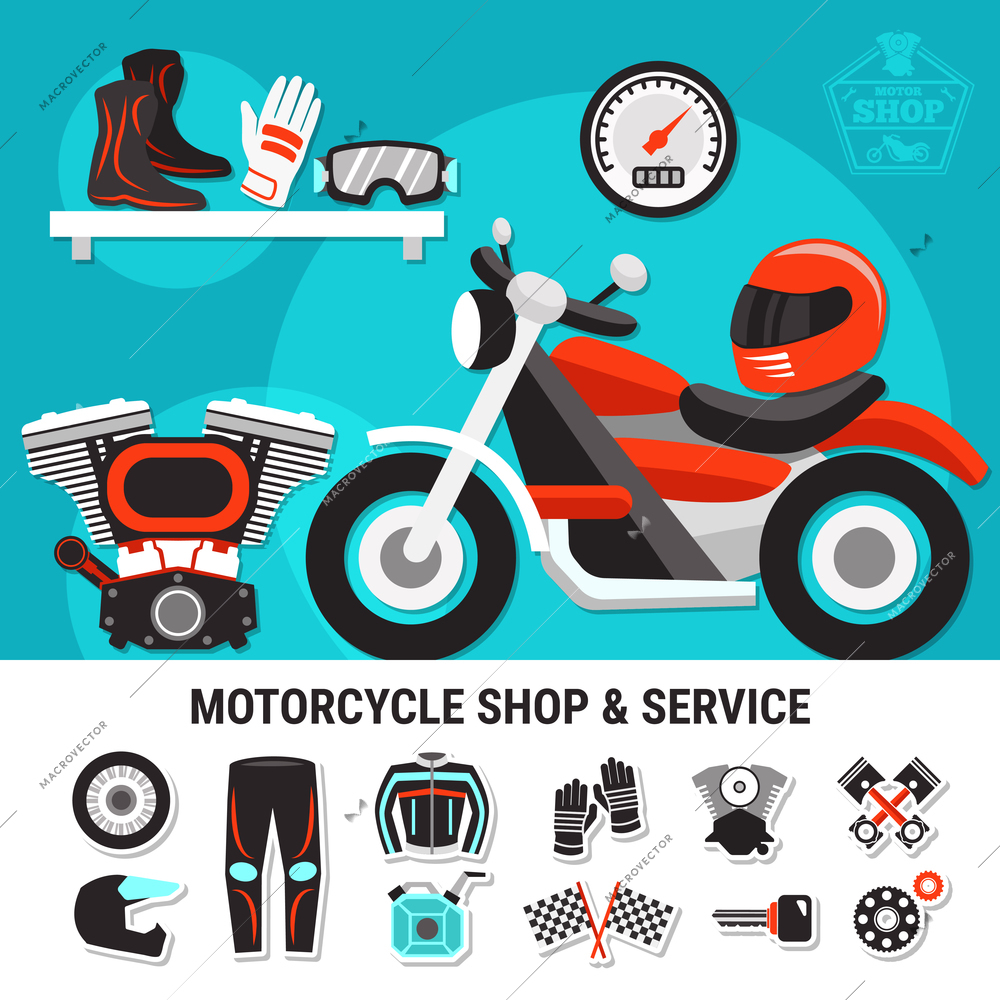 Motorcycle shop and service flat vector illustration with spare parts and bikers gear wares decorative elements