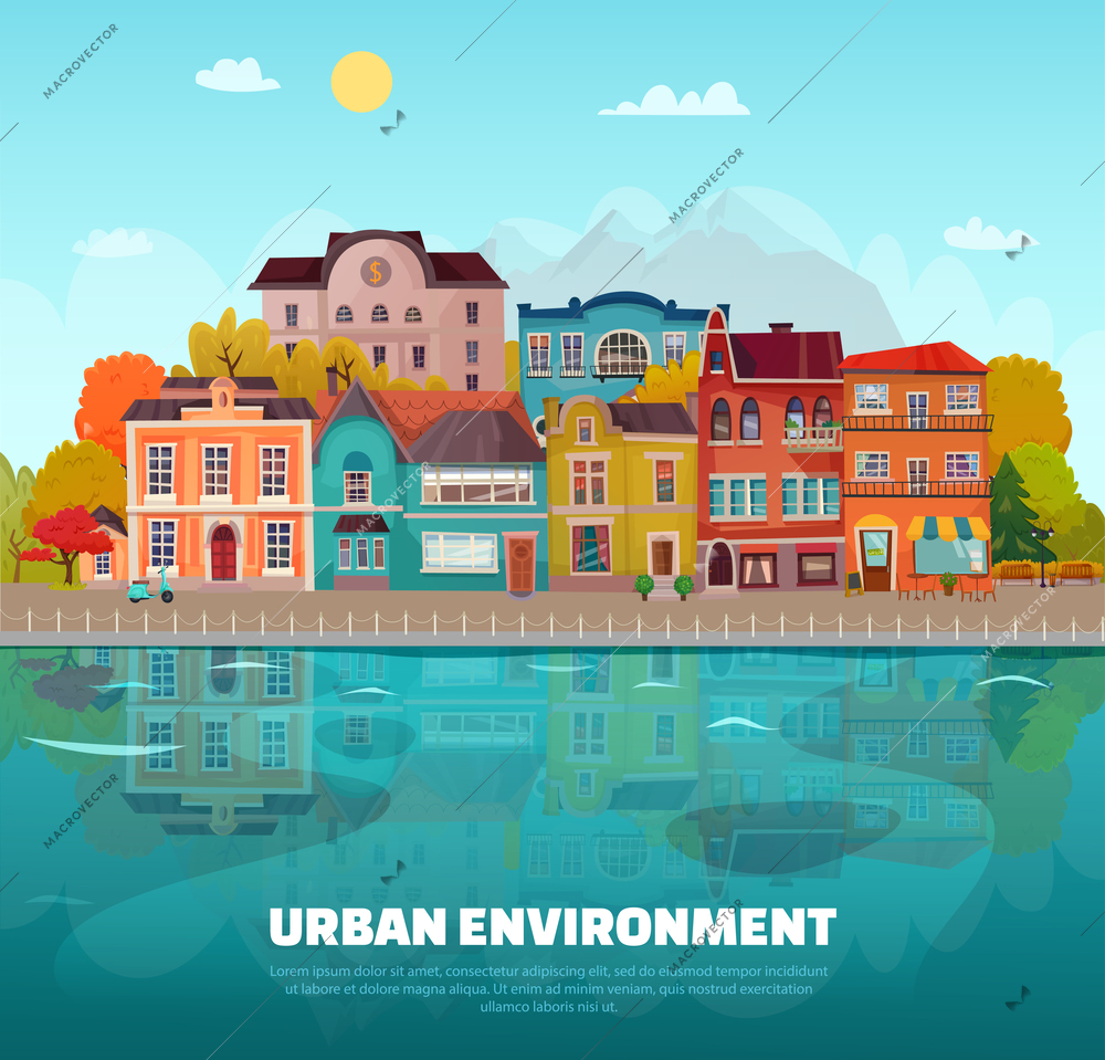 Urban environment background with buildings trees and river flat vector illustration