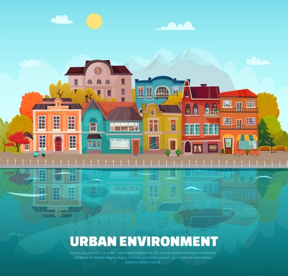 Urban environment background with buildings trees and river flat vector illustration