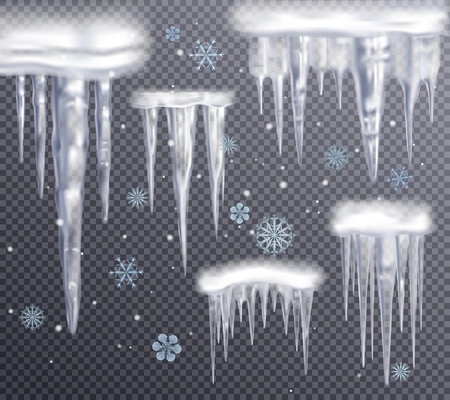 Realistic icicles and snowflakes transparent set for decoration isolated vector illustration