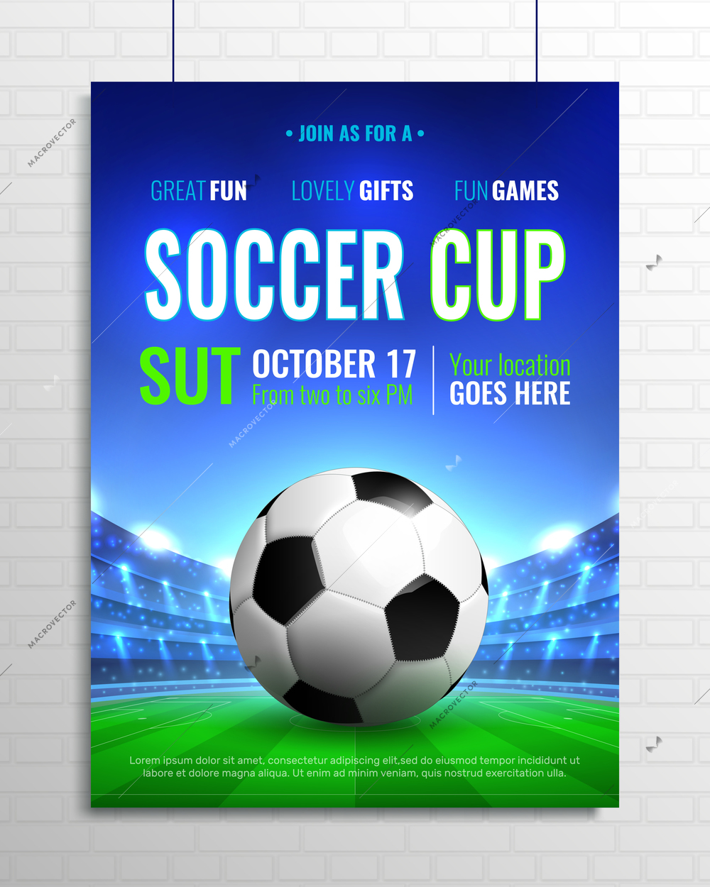 Soccer cup poster on grey brick wall with ball on green field, tribunes with spotlights vector illustration