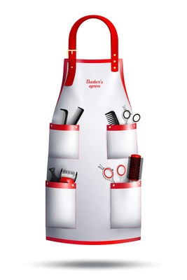 Realistic hairdresser red white apron with leather loop, metal rivets, professional instruments in pockets isolated vector illustration