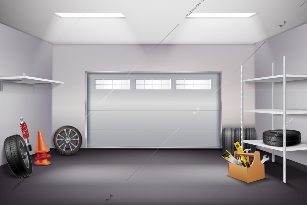 Garage interior realistic composition with tyres and instruments realistic vector illustration