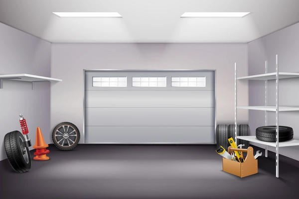 Garage interior realistic composition with tyres and instruments realistic vector illustration