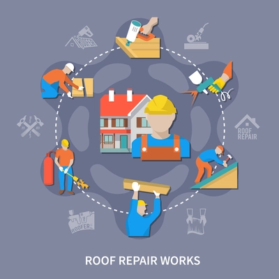 Roofer colored composition with roof repair works and different types of work vector illustration