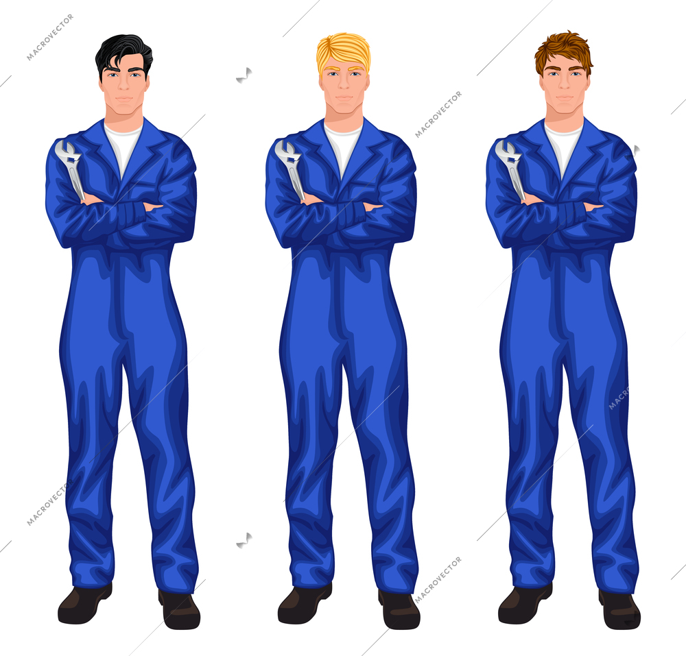 Three young handsome mechanic workers standing with spanner with various hair color and haircut styles vector illustration