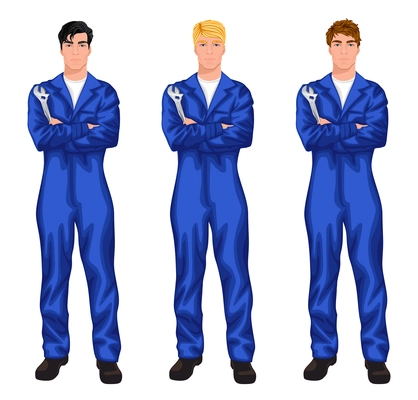 Three young handsome mechanic workers standing with spanner with various hair color and haircut styles vector illustration