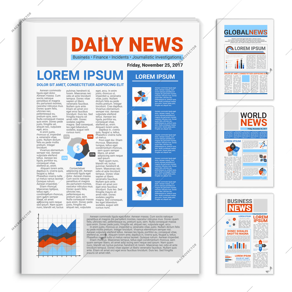 Set of realistic mockup newspapers with global and business news on front page isolated vector illustration