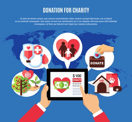 Charity background concept with human hands and tablet with donation app and images in thought bubbles vector illustration