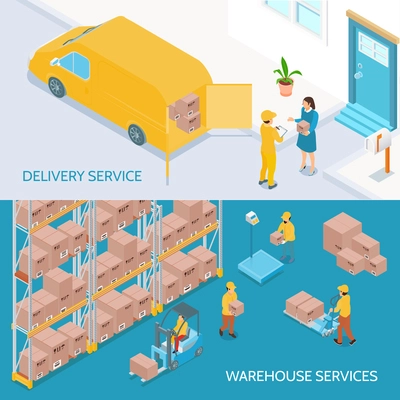 Horizontal isometric banners with logistic business including warehouse with staff and delivery services isolated vector illustration