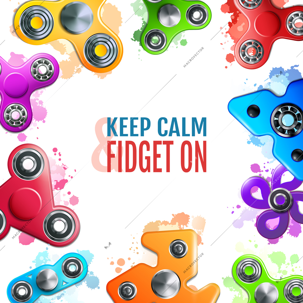 Frame with hand spinner toys of various shape on white background with colorful splashes vector illustration