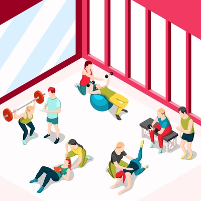 Personal sport trainer isometric design concept with people training in gym using sport equipment vector illustration