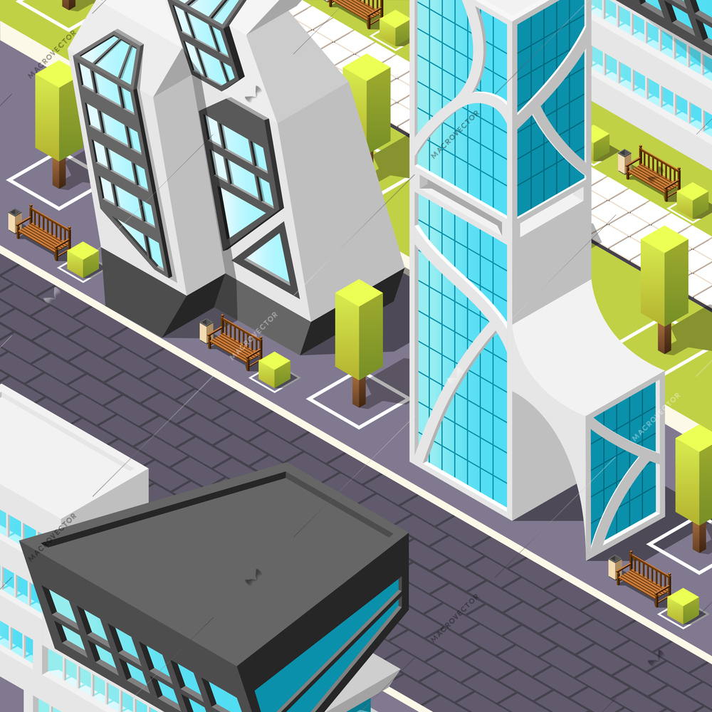 Fragment of city pedestrian zone with tile pavement and abstract buildings in futuristic design isometric vector illustration