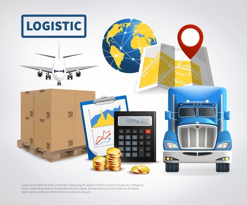 Logistic colored poster or flyer with vehicles for shipping delivery and transportation vector illustration