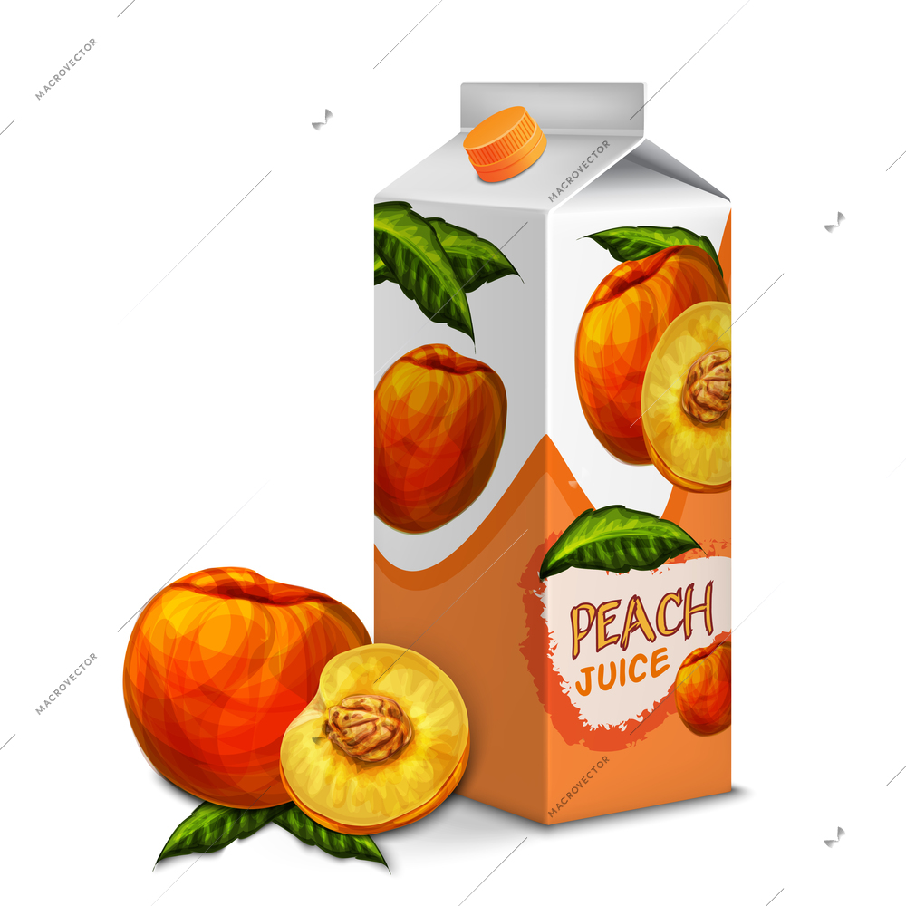 Juice carton cardboard box pack 3d with whole and cut sweet peach isolated vector illustration