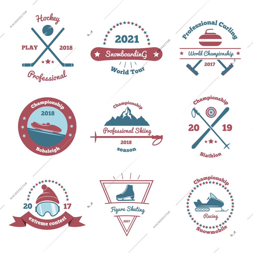 Winter sports set of color emblems with extreme contest, bobsleigh and biathlon championships, snowboarding isolated vector illustration