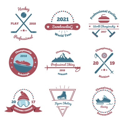 Winter sports set of color emblems with extreme contest, bobsleigh and biathlon championships, snowboarding isolated vector illustration