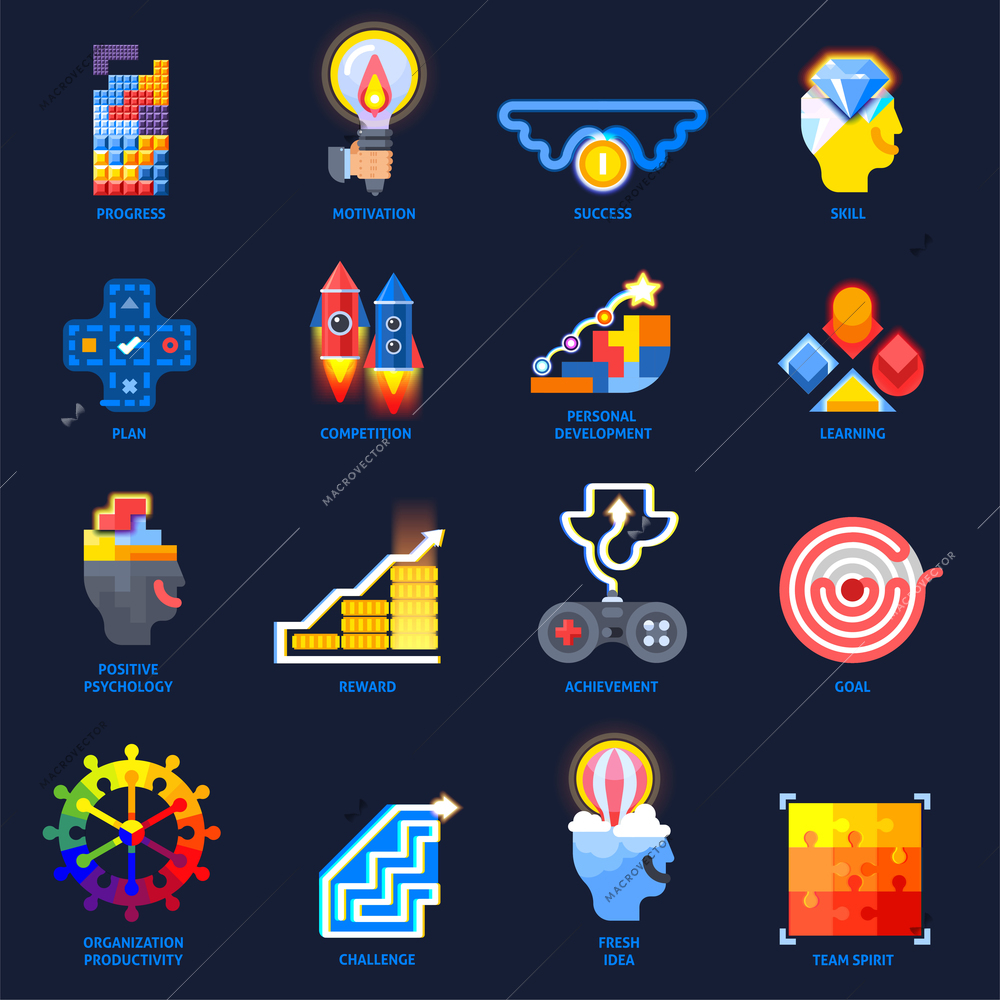 Gamification motivation concept colorful flat icons collection on black background with personal development plan goal vector illustration