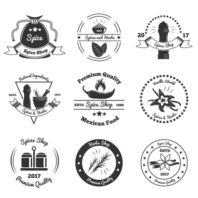 Monochrome emblems of shops with spices and herbs, culinary utensils, design elements isolated vector illustration