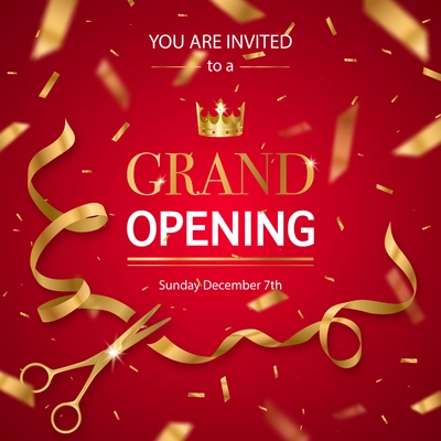 Grand opening invitation card poster with realistic golden scissors cutting ribbon and crown red background vector illustration