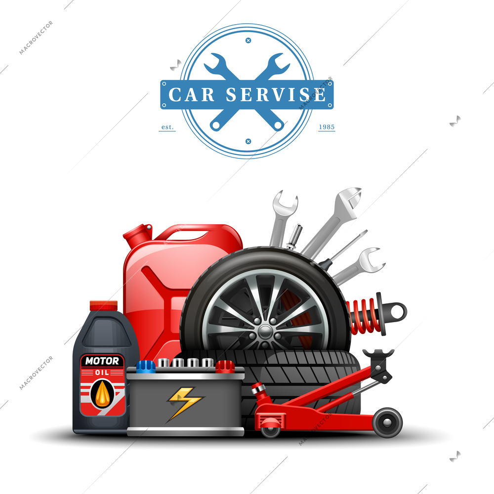 Auto service accessories colorful 3d composition with spanner oil car lift gasoline canister and battery vector illustration