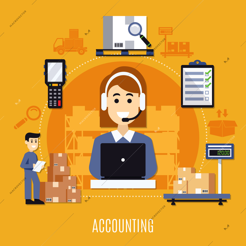 Warehouse flat colored composition with accounting description and steps of this work vector illustration