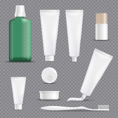 Set of realistic dentifrices with floss, toothpicks, rinse, toothbrush isolated on transparent background vector illustration