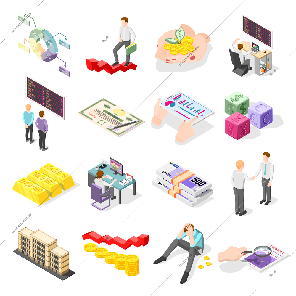 Stock exchange isometric icons with coins gold bars bundles of banknotes stock market price on display isolated vector illustration