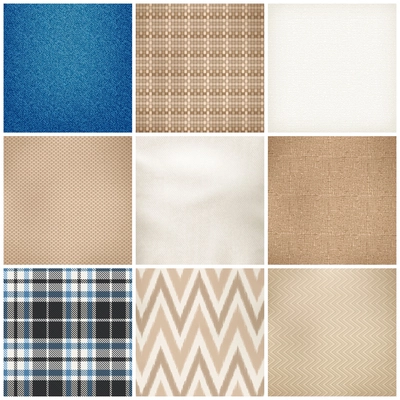 Realistic textile 9 samples collection square of various fibers weave texture color pattern fabrics isolated vector illustration