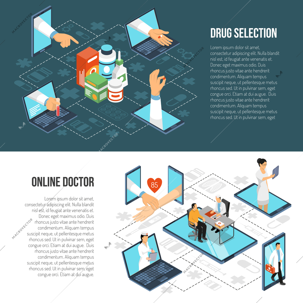 Online doctor virtual visit from mobile device for drugs selection 2 horizontal isometric banners set vector illustration